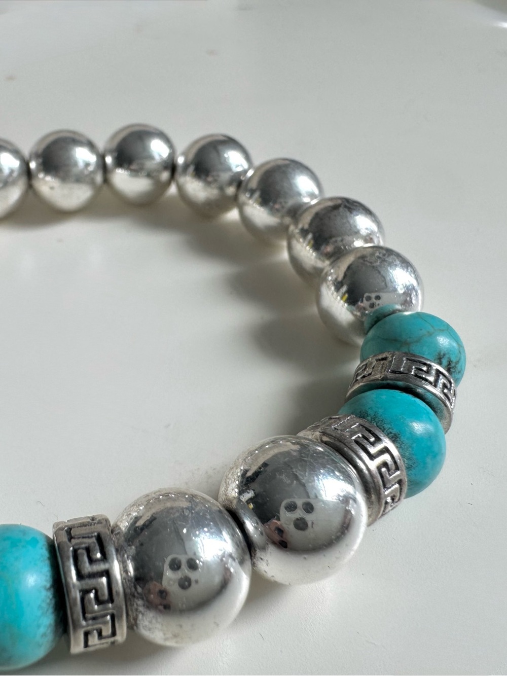 Turquoise and Silver-Tone Stretchy Beaded Bracelet